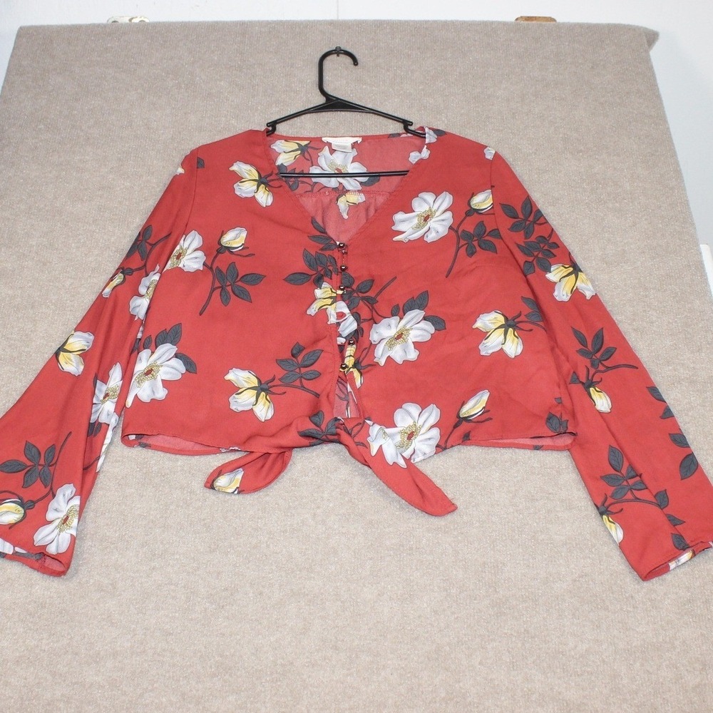 Urban Romantics Floral Crop Top Red Bell Sleeve Tie Front Blouse Medium